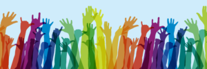 graphic of rainbow-colored hands raised